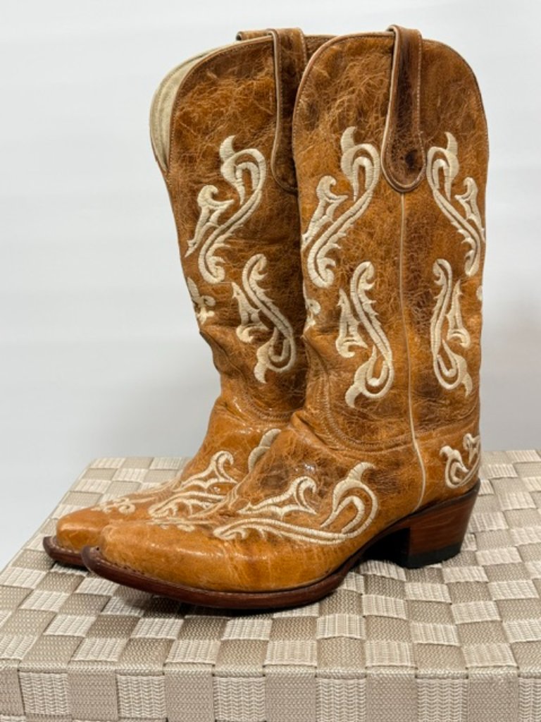 Ferrini Leather Cowboy Cowgirl Boots Honey Brown Western Size 8.5